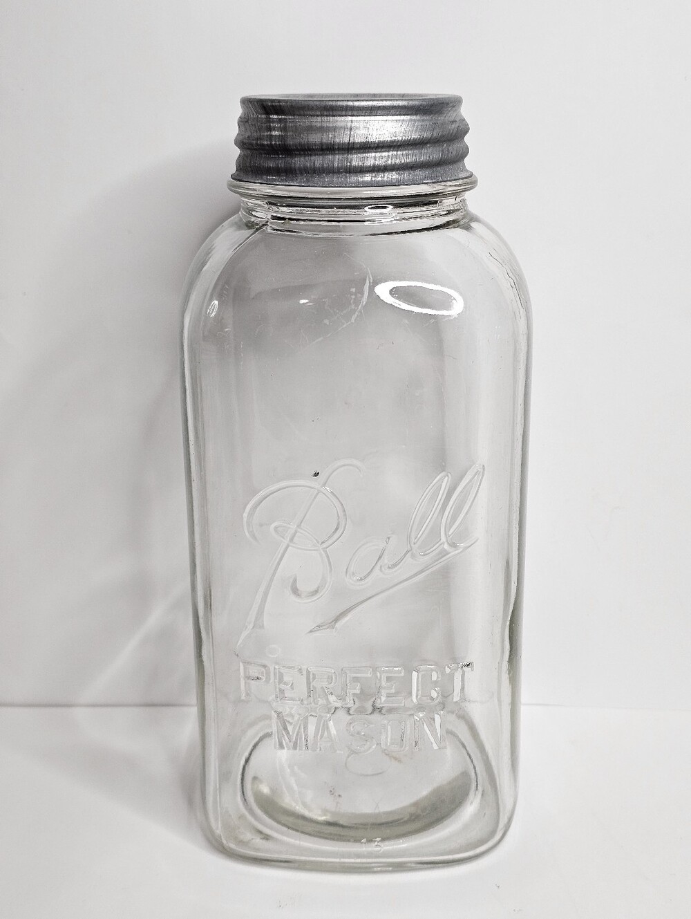 Vtg Ball Perfect Mason Jar Clear Half Gallon 64oz Square Zinc Lid Lucky #13 Mold
